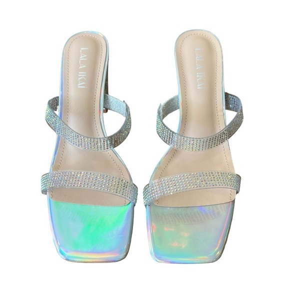 NWT LALA IKAI Women's Square Toe Heels, Sandals, Clear Straps With Rhinestones - Picture 12 of 15